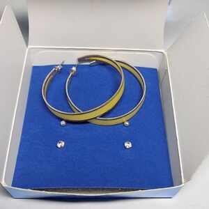 Yellow Enamel Hoop Earrings with Crystal Studs - Women Jewelry